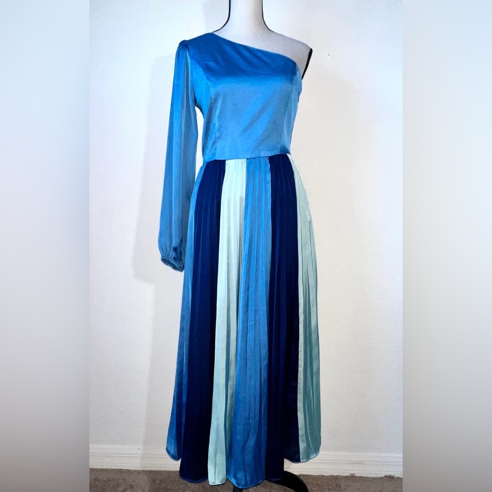 ADELYN RAE Cher One Shoulder Pleated Satin Blue Colorblock Midi Dress Formal XS